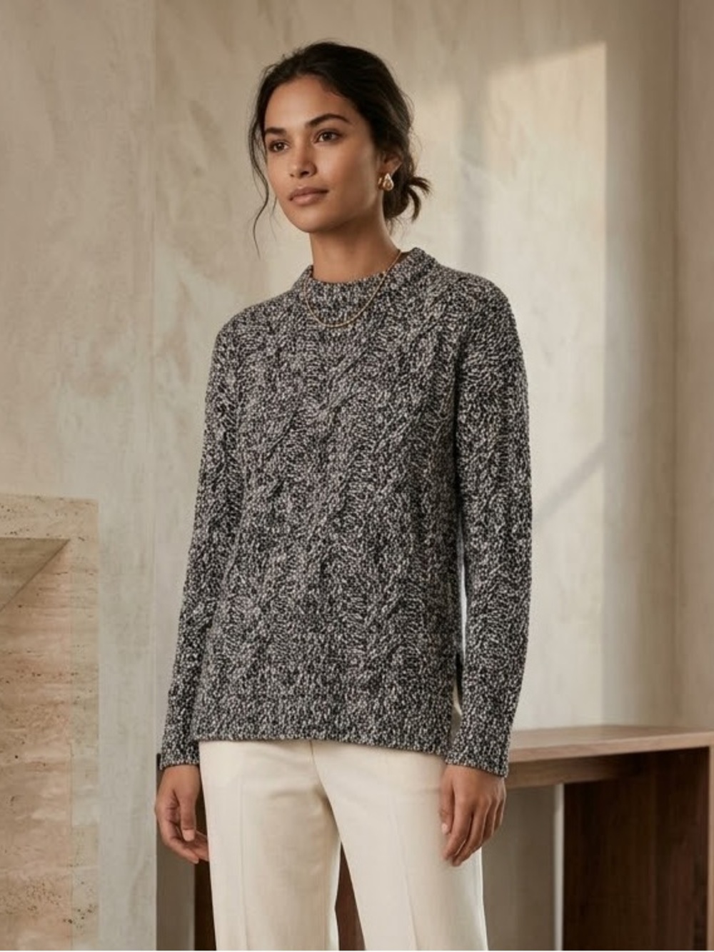 Frank & Oak Merino Wool Blend Chunky Cable Knit Sweater XXS Black White Marled